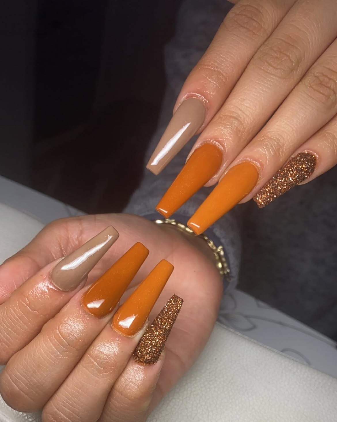 Pumpkin Spice Latte Coffin Nails With Glitter Accent