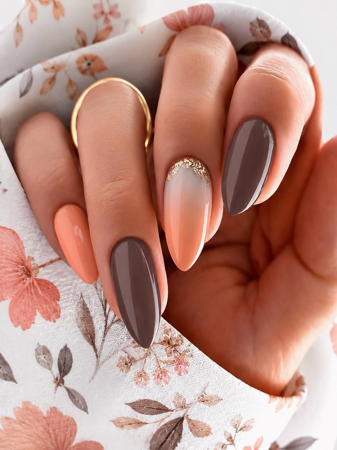 Pumpkin Spice Ombre Almond Nails with Gold Flakes