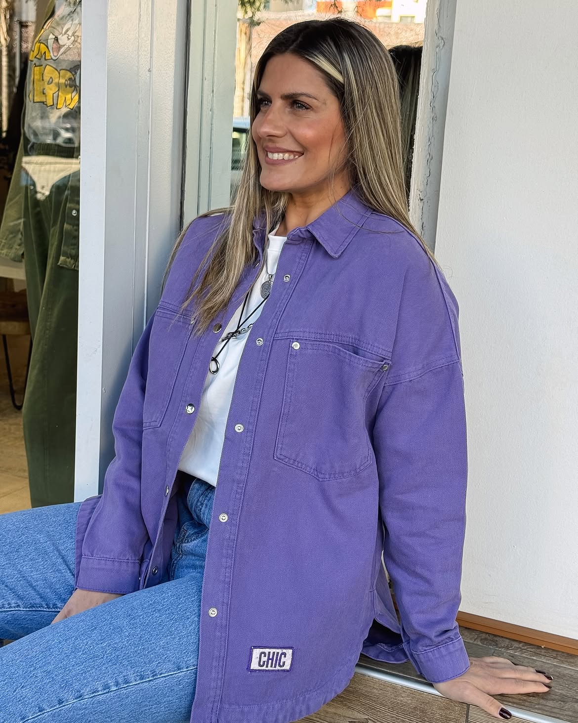 Purple Denim Jacket With Classic Blue Jeans