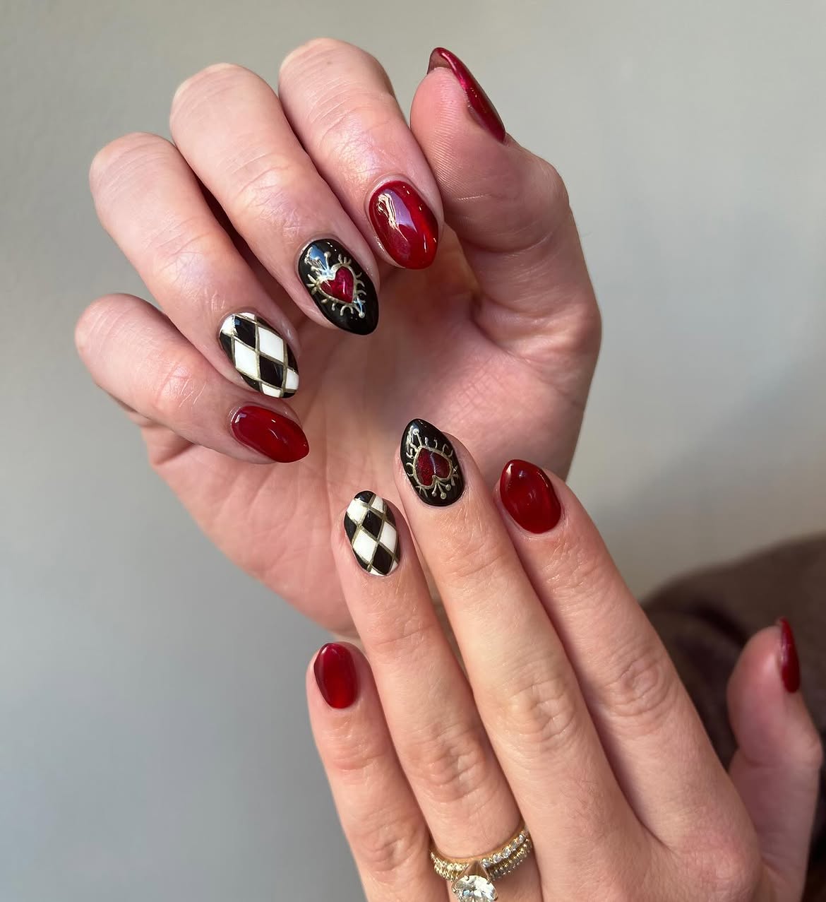 Queen of Hearts Court Card Inspired Almond Nails