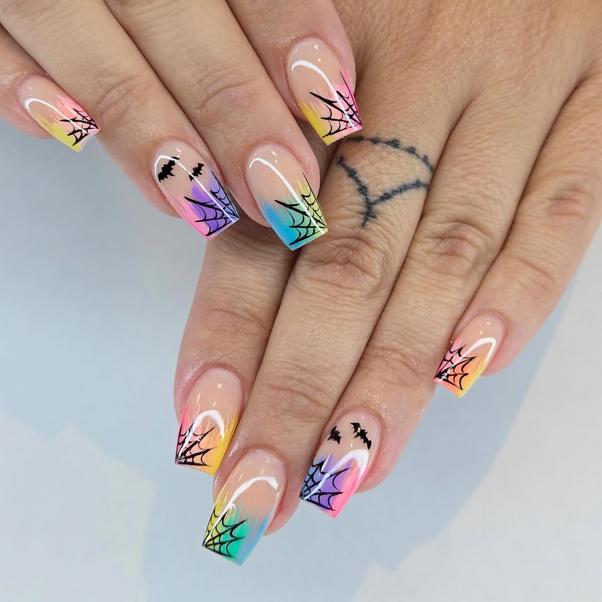 Rainbow Ombre Spiderweb Halloween French Tips