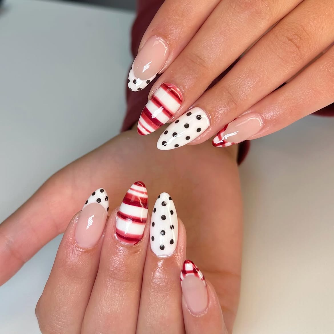 Red and White Candy Cane French Tips