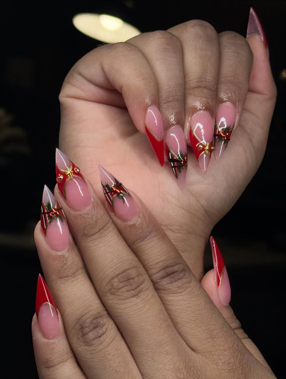 Red French Tip Stiletto Nails with Christmas Bows