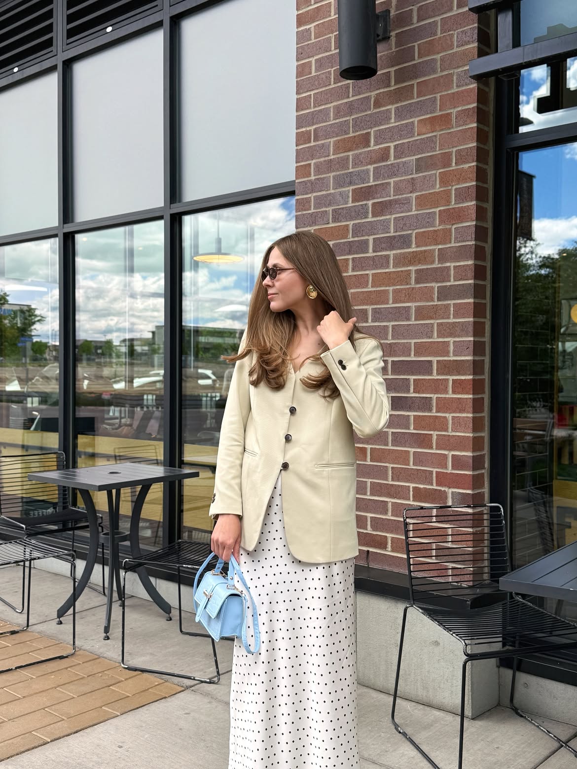Relaxed Beige Blazer Over Polka Dot Maxi Dress