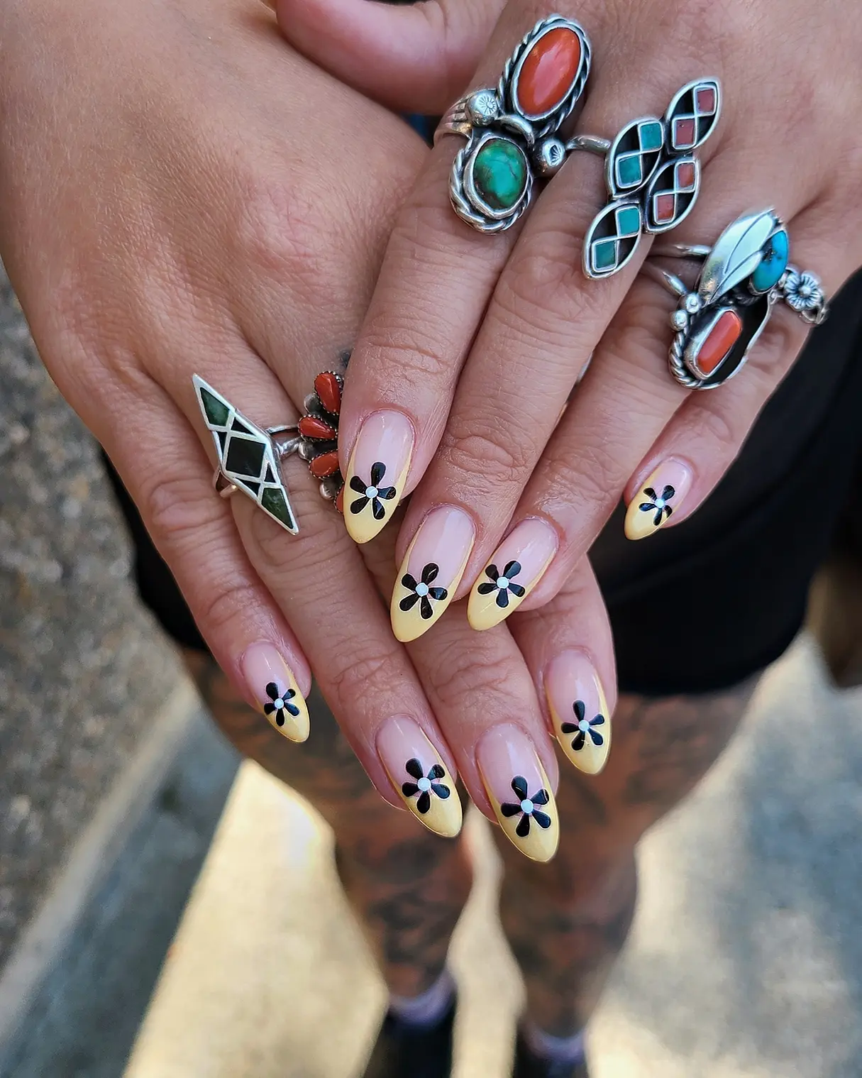 Retro Yellow Flower French Tip Almond Nails