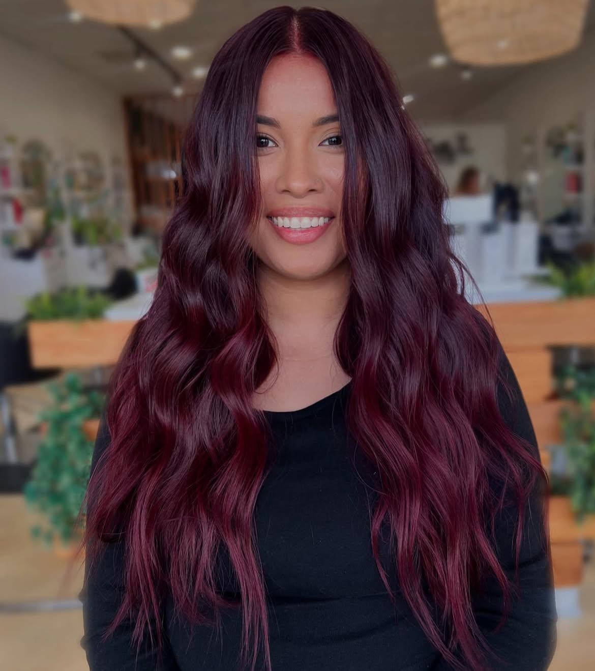 Rich Cherry Cola Waves With Face-Framing Layers