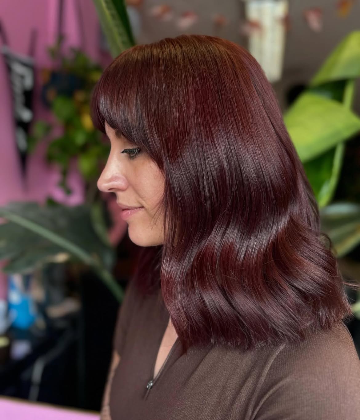 Rich Cherry Cola Waves With Soft Bangs