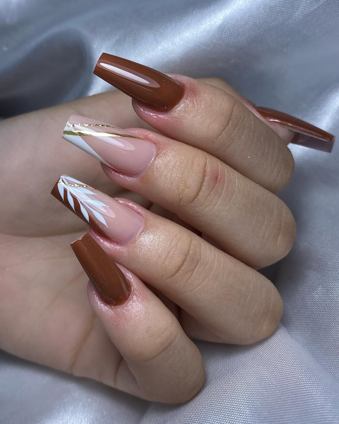 Rich Chocolate Brown Coffin Nails with Leaf Art