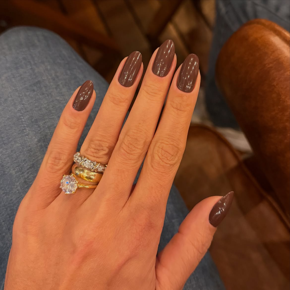Rich Chocolate Brown Glossy Almond Nails