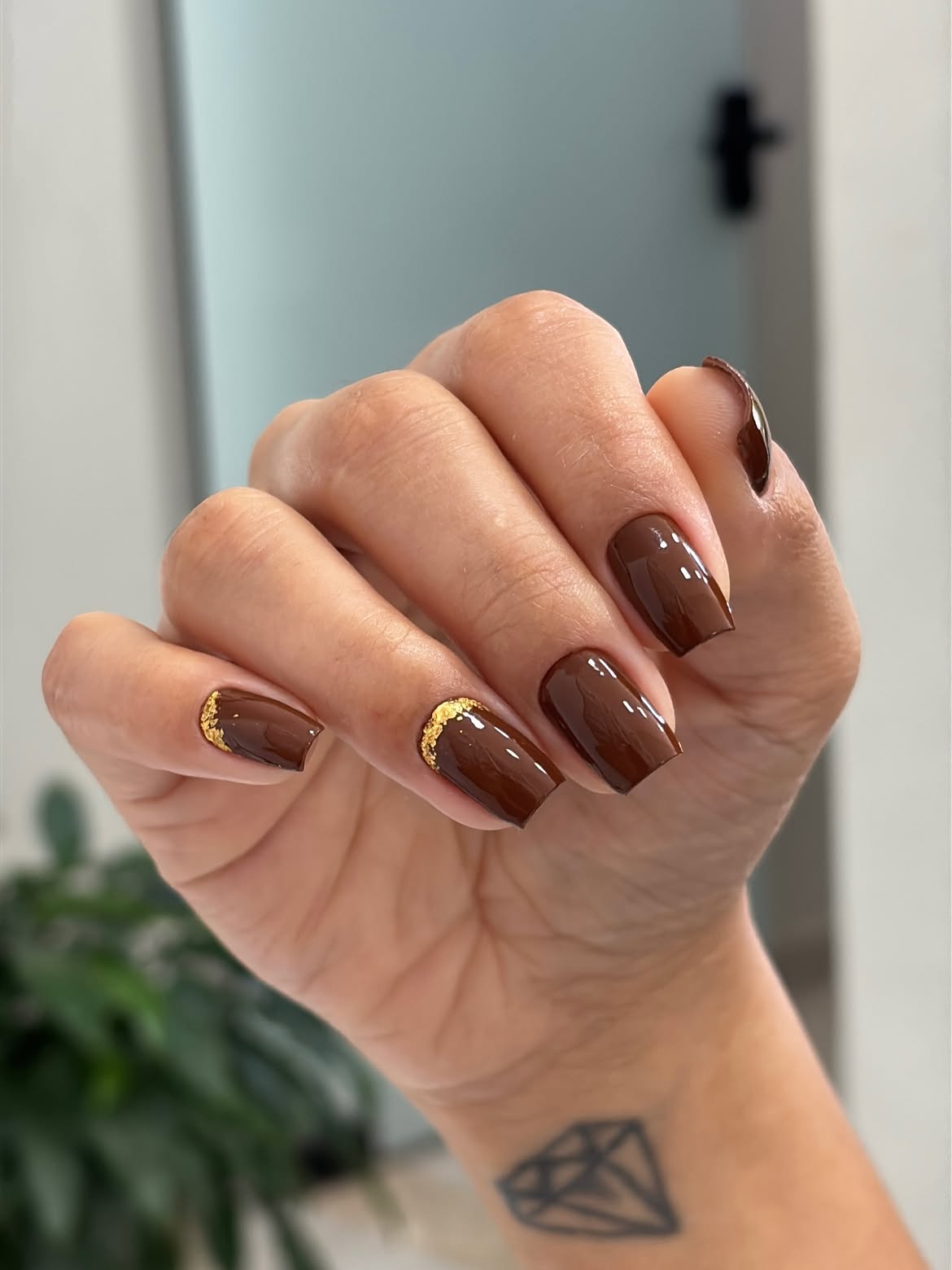 Rich Chocolate Brown Square Nails with Gold Foil Accents