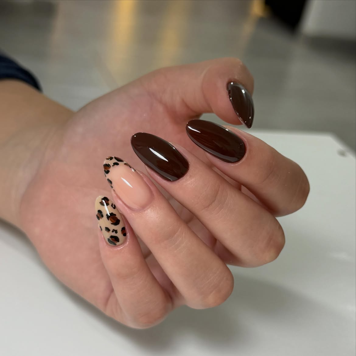 Rich Chocolate & Leopard Mismatched Almond Nails