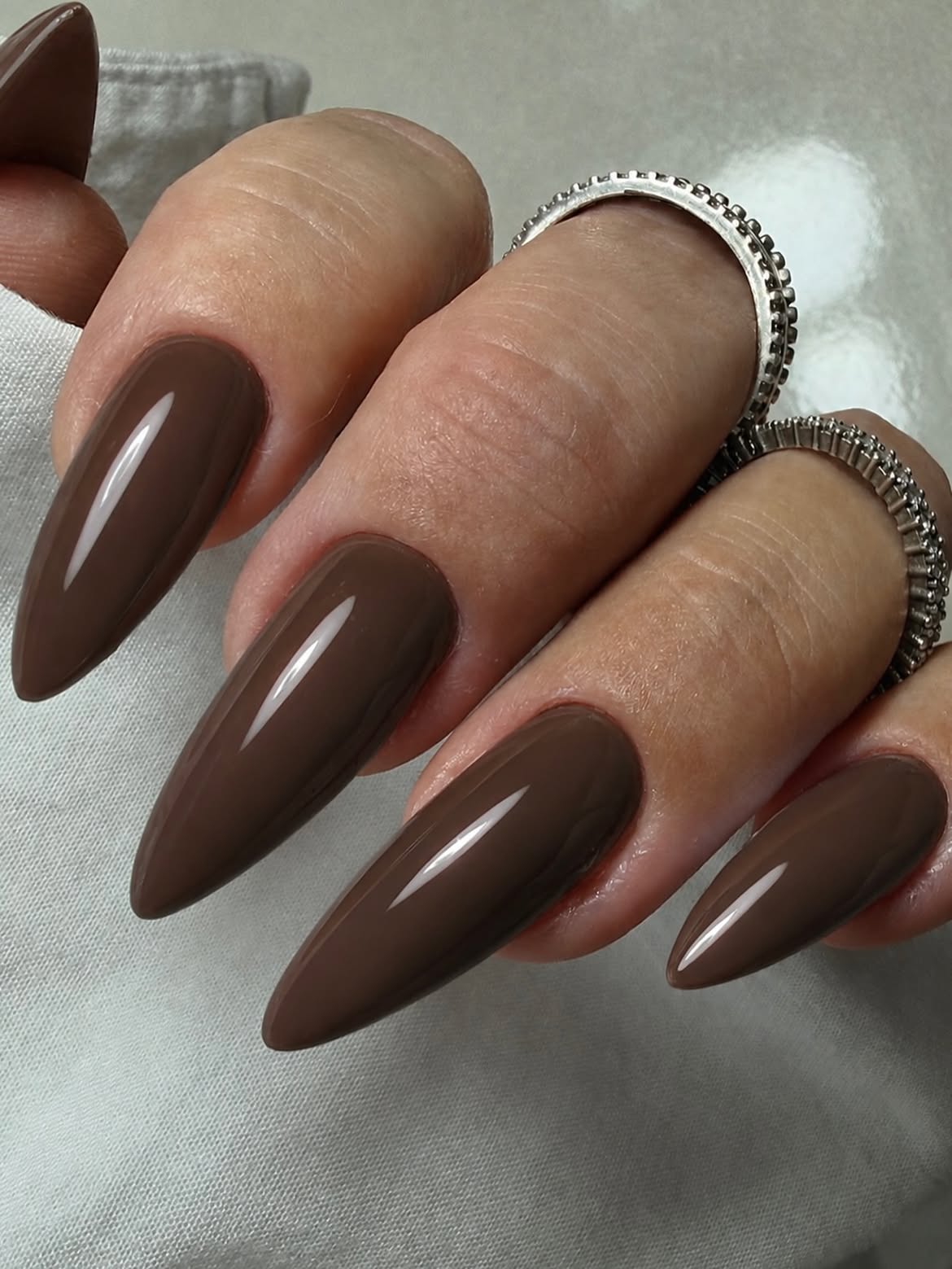 Rich Chocolate Milk Glossy Stiletto Nails