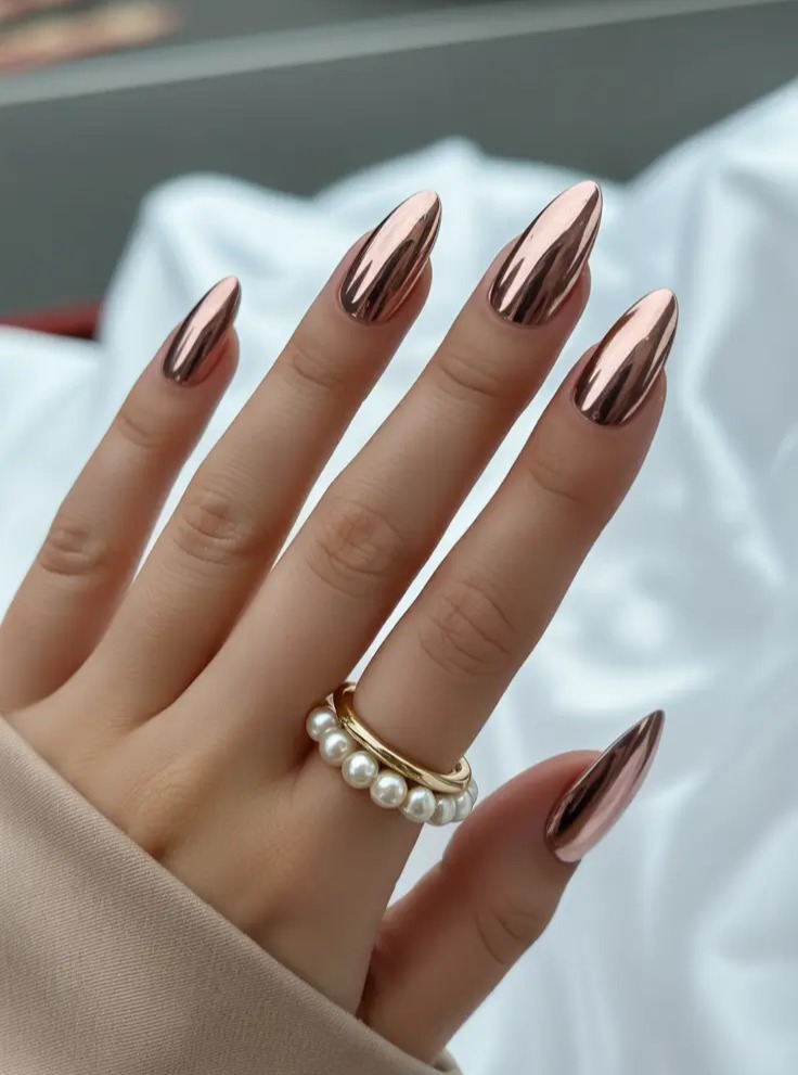 Rose Gold Chrome Almond Shaped Nails