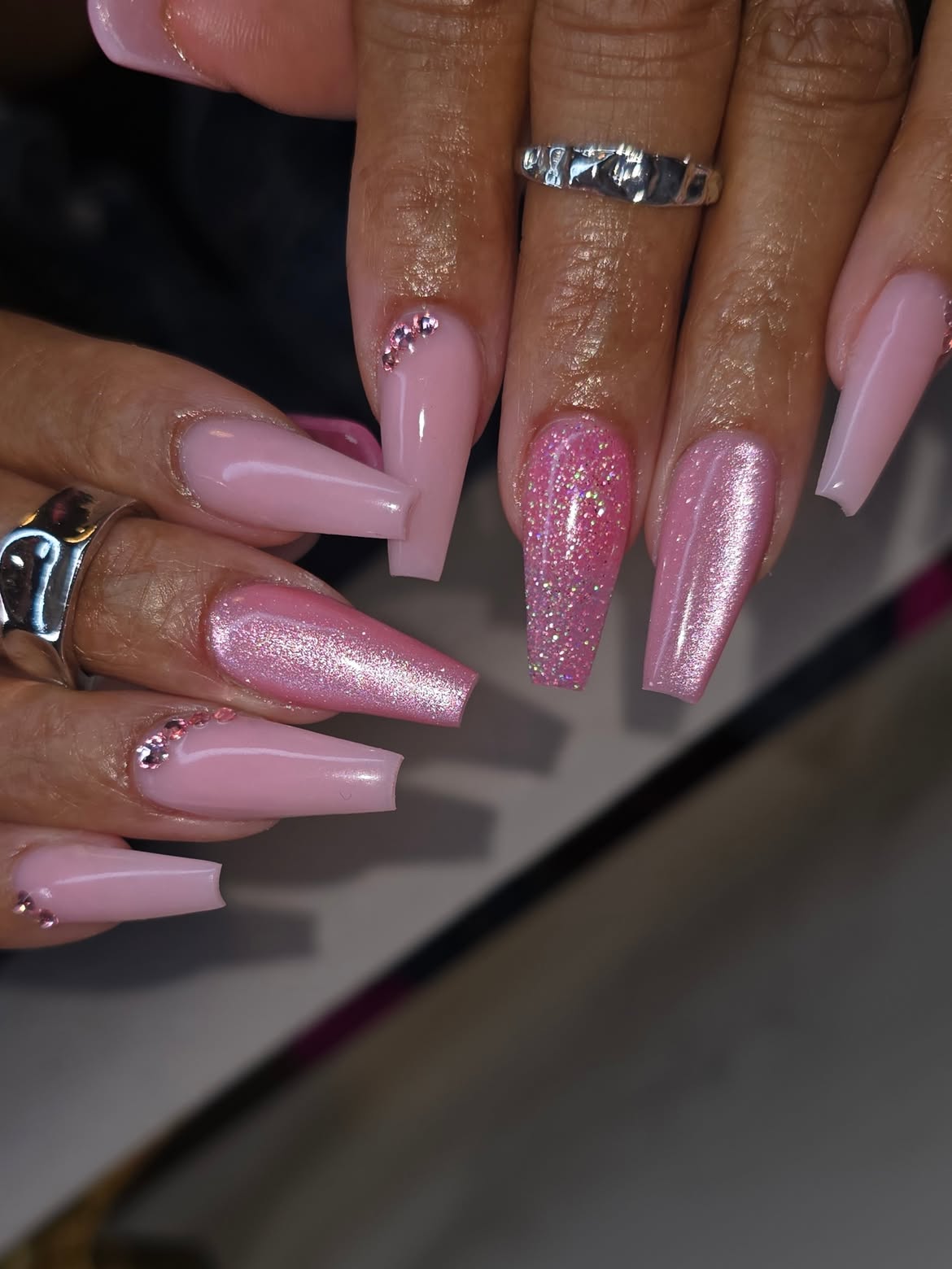 Rose Gold Glitter and Rhinestone Coffin Nails