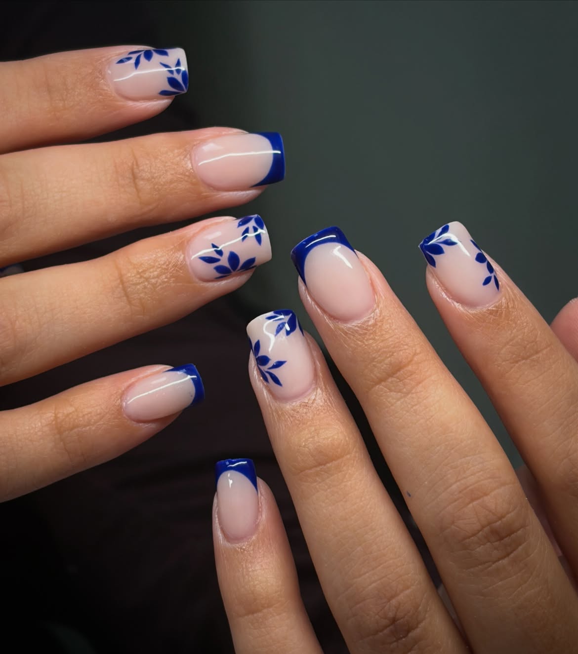 Royal Blue Floral French Square Nails