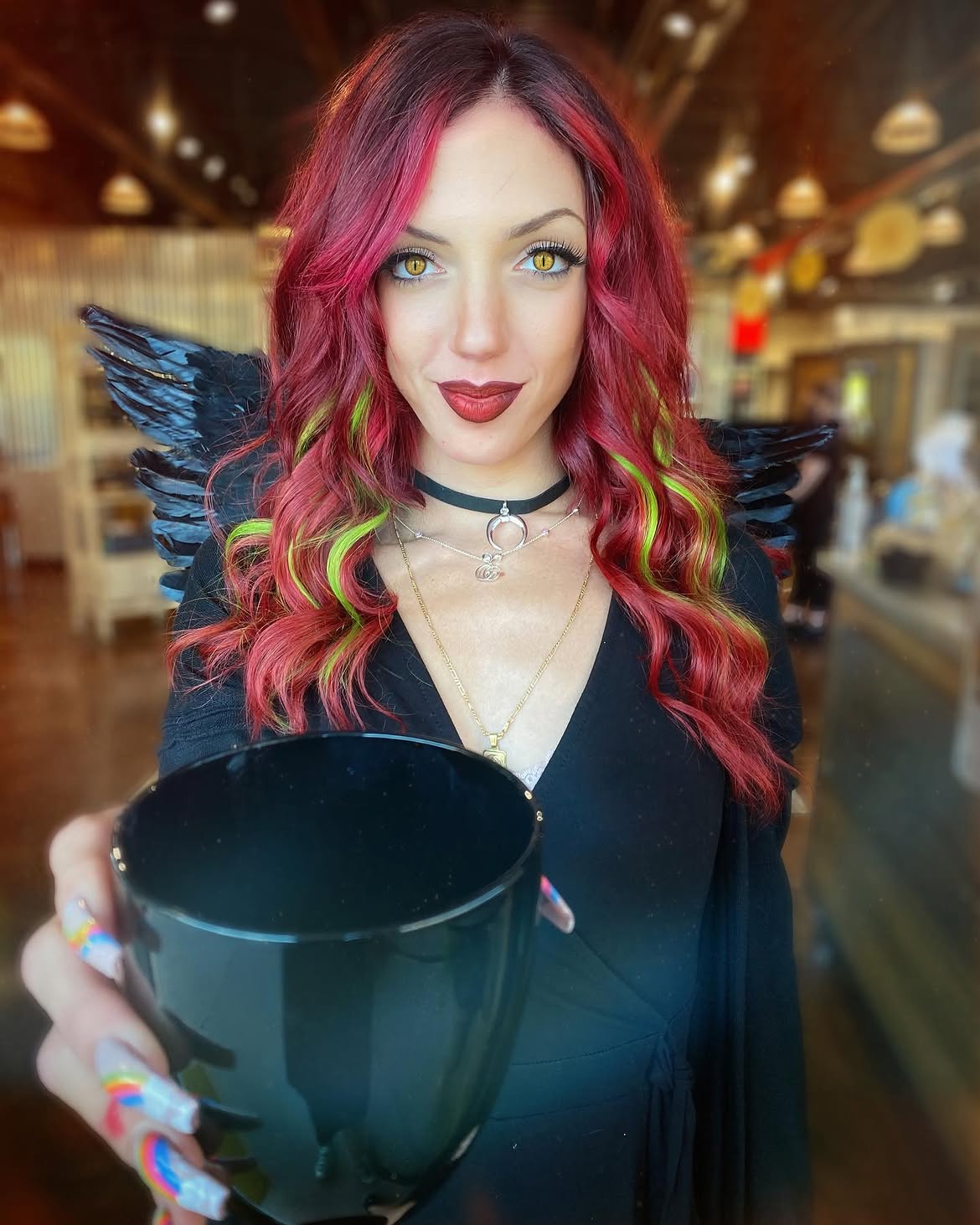 Ruby Red Waves With Neon Green Streaks