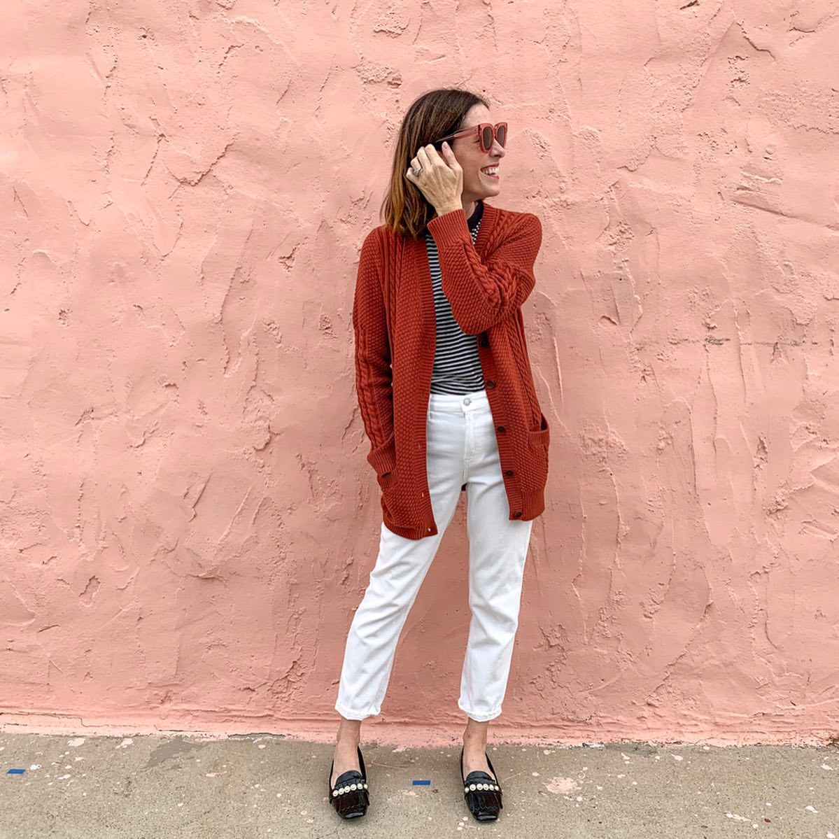 Rust Cable Knit Cardigan With White Jeans