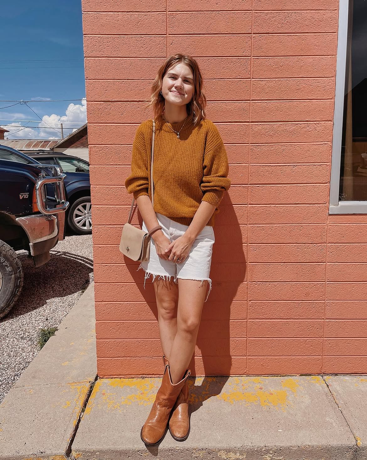 Rusty Knit Sweater With White Denim Shorts