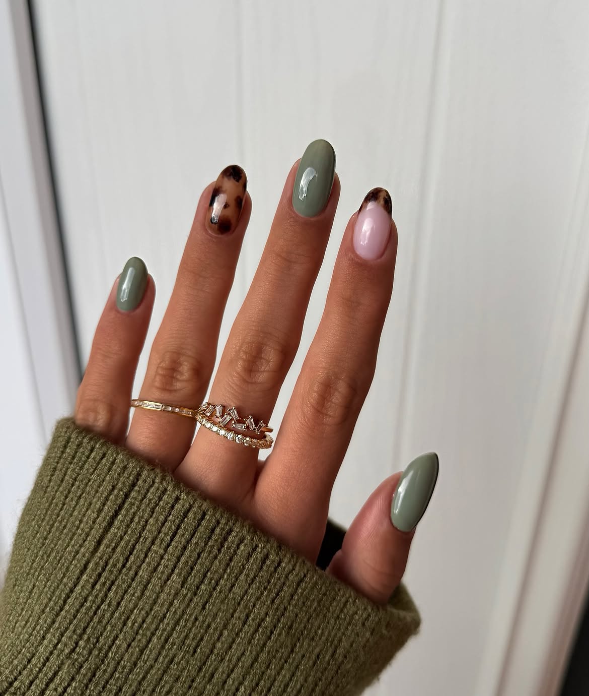 Sage Green Tortoiseshell Almond Nails