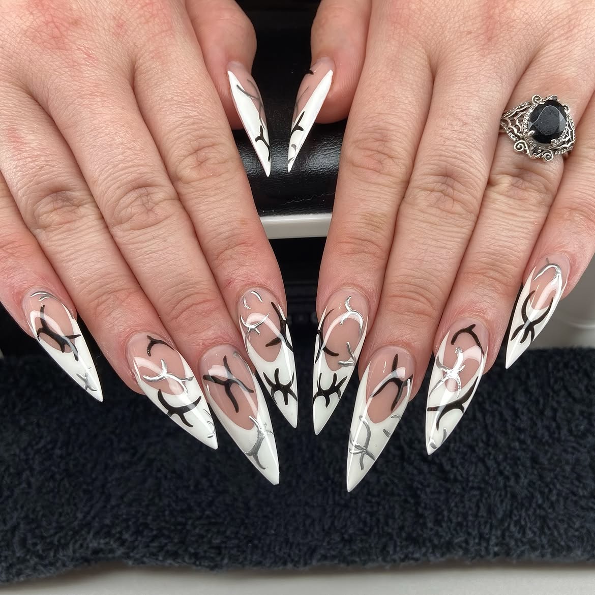 Sharp Stiletto Nails with Black Tribal Accents