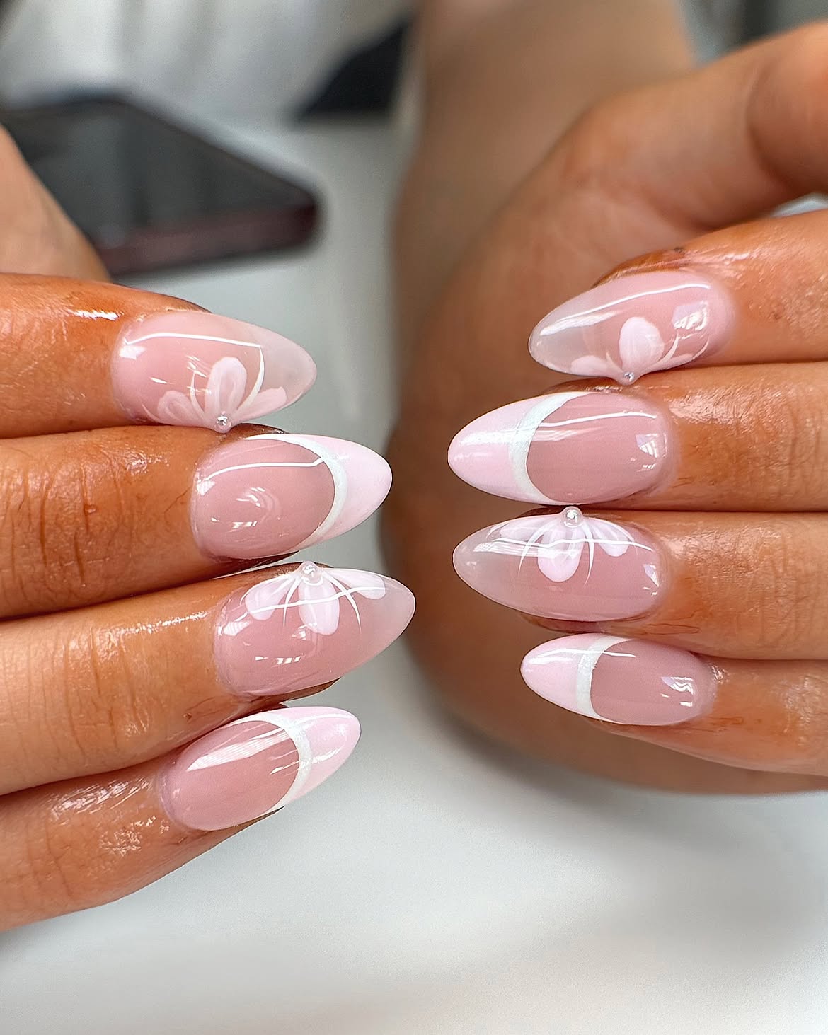 Sheer Pink Blossom French Almond Nails