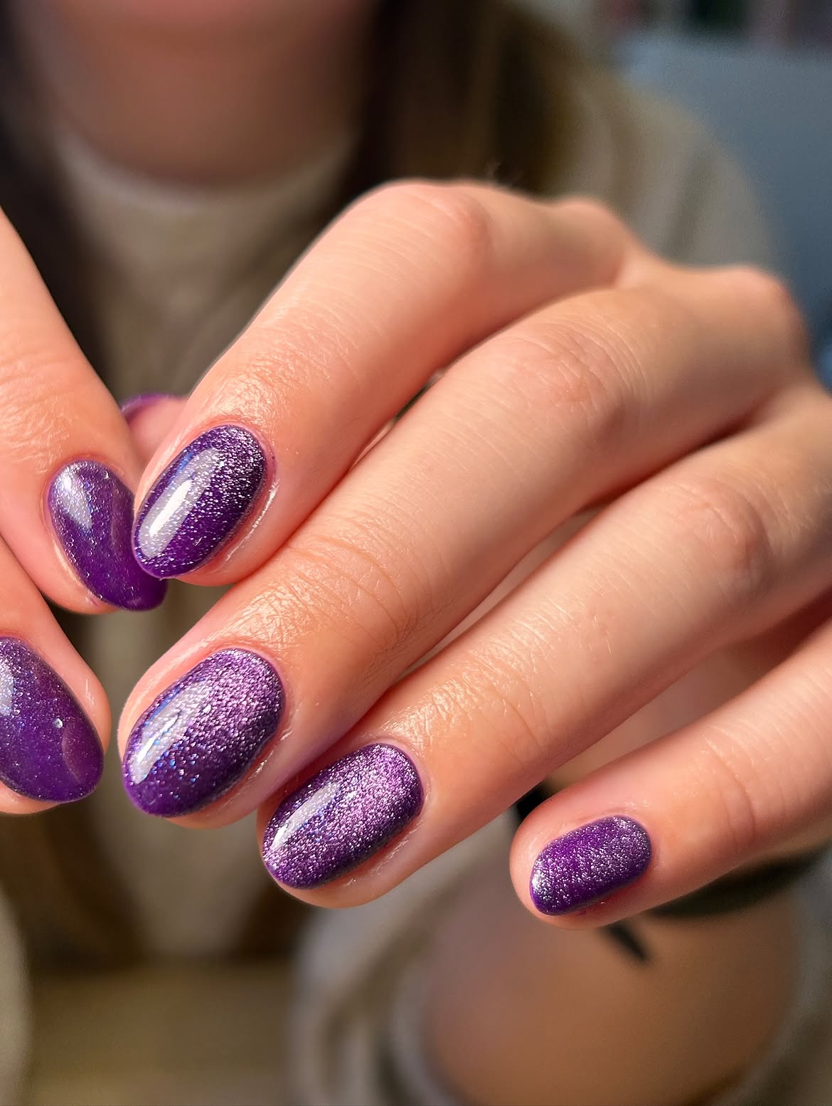 Shimmering Deep Purple Oval Nails
