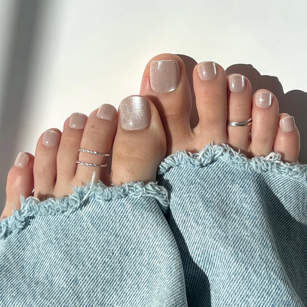 Shimmering Taupe Square Pedicure with Subtle Sparkle