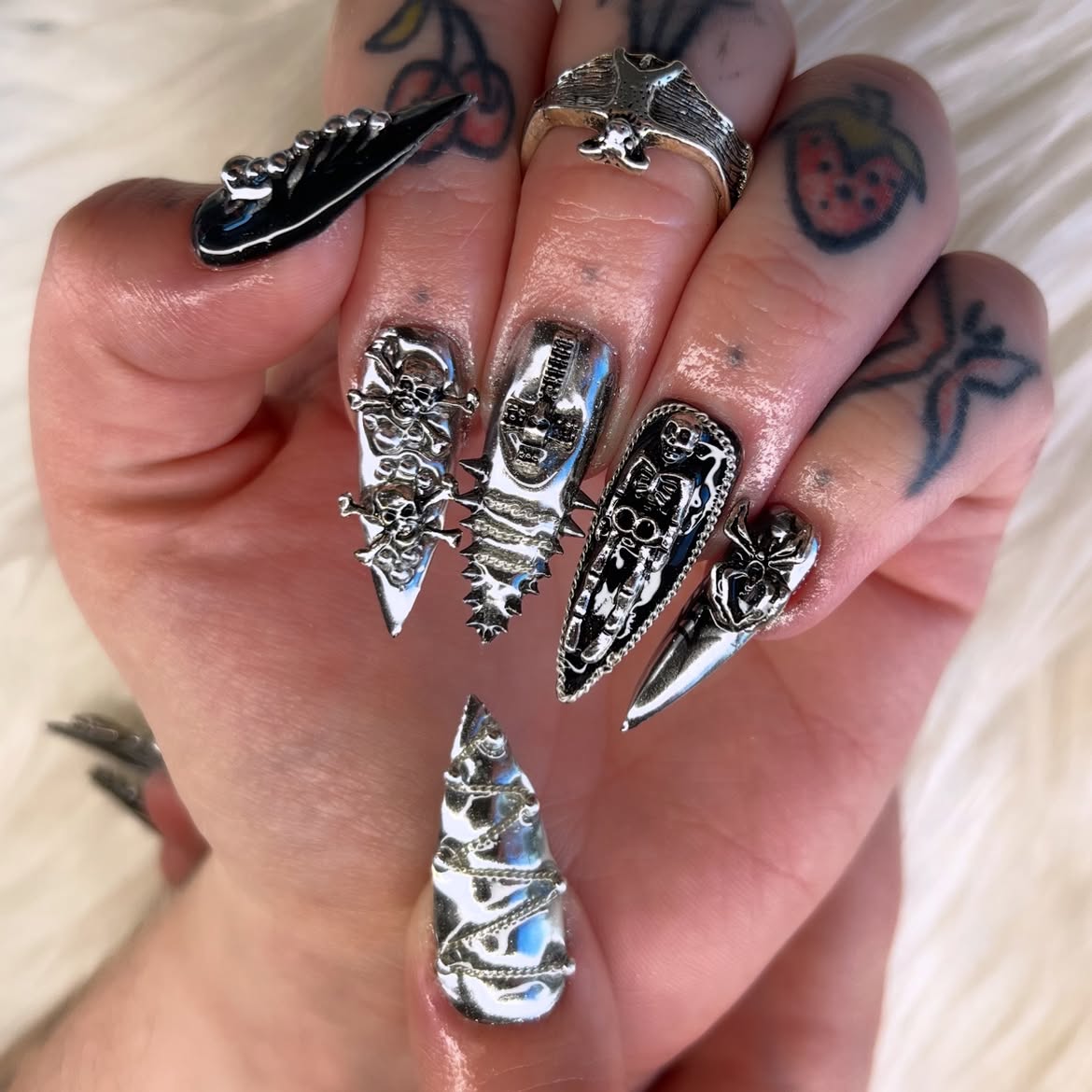 Silver Chrome Skulls and Spikes Stiletto Nails