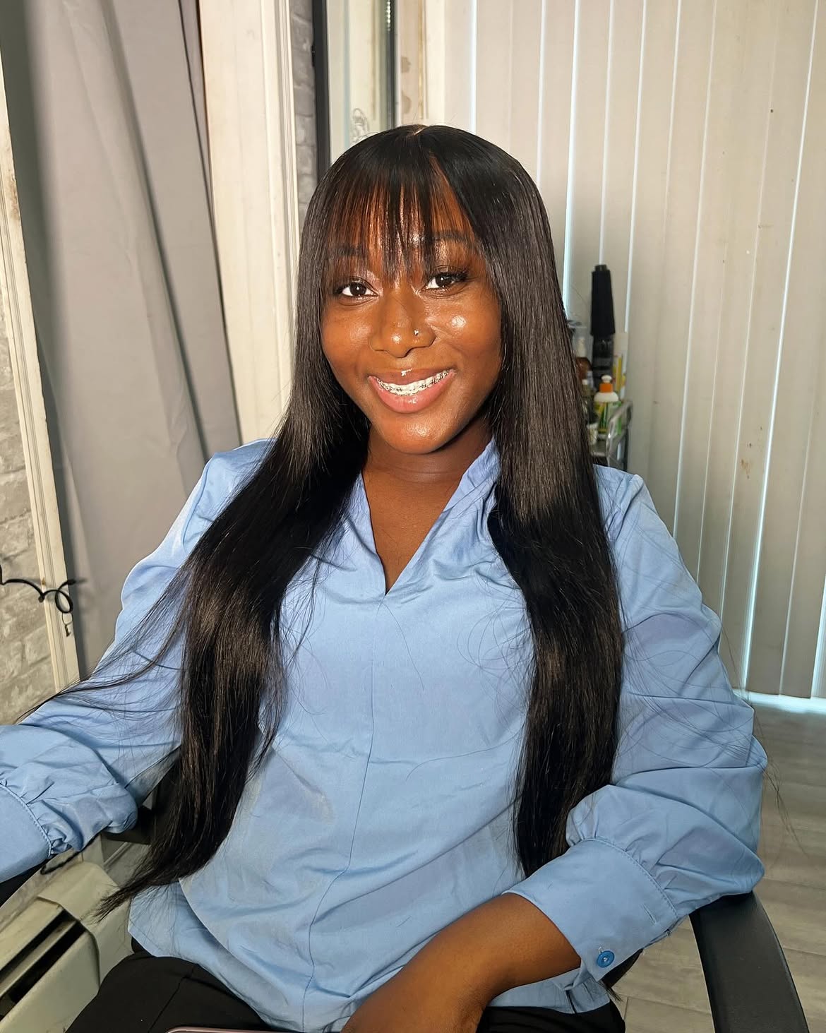 Sleek Jet Black Bangs With Long Straight Hair