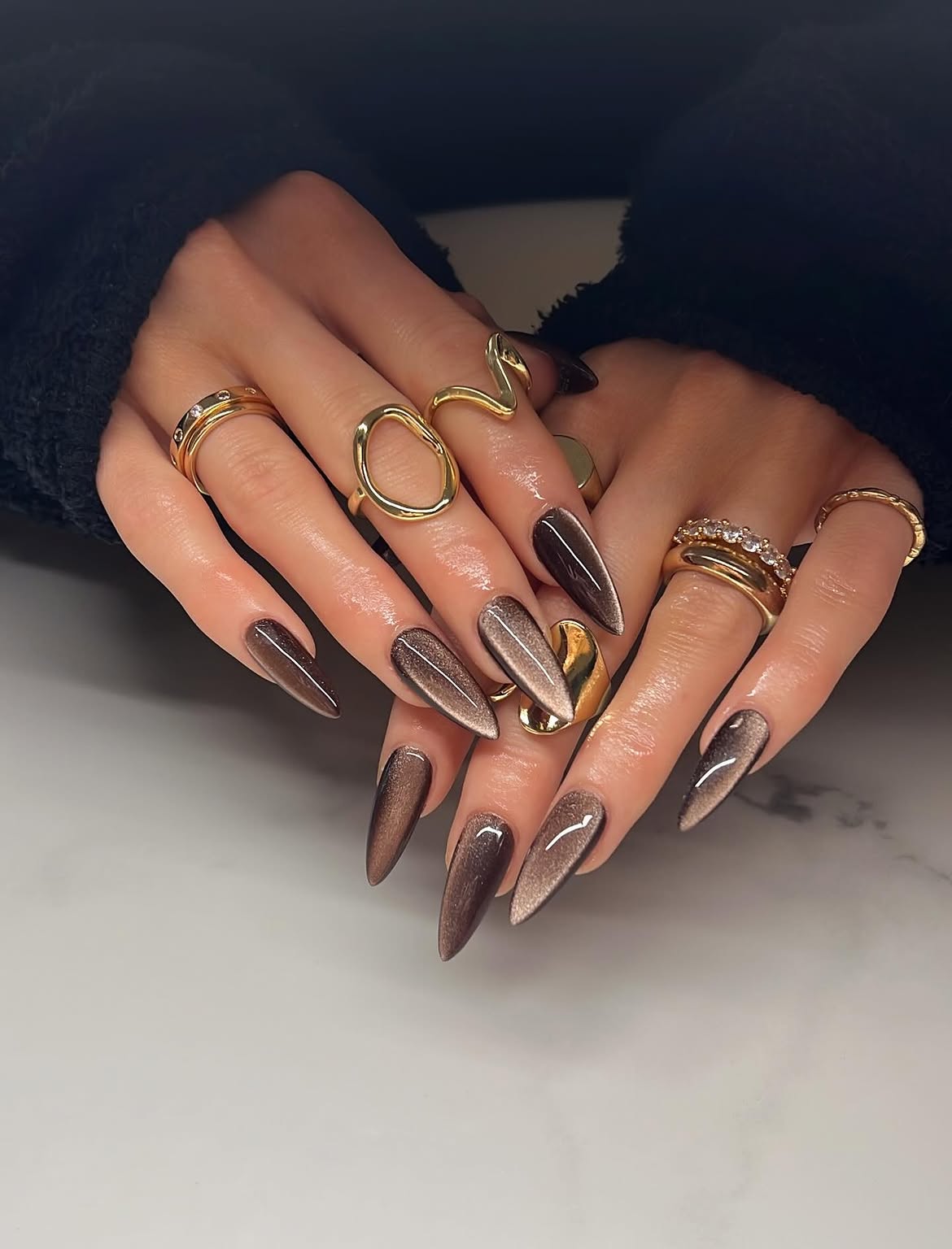 Smoky Brown Cat Eye Stiletto Nails