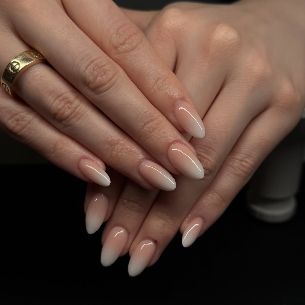 Soft Milky Pink and White Ombre Almond Nails