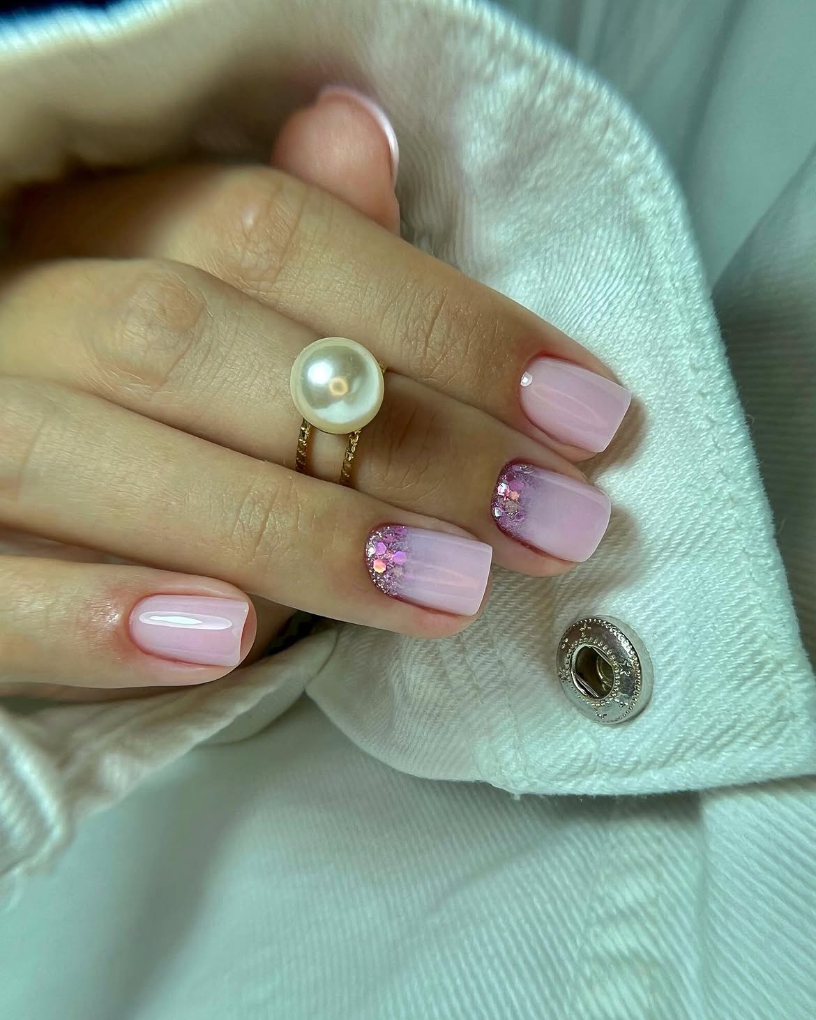 Soft Pink Ombre Square Nails with Glitter Accent