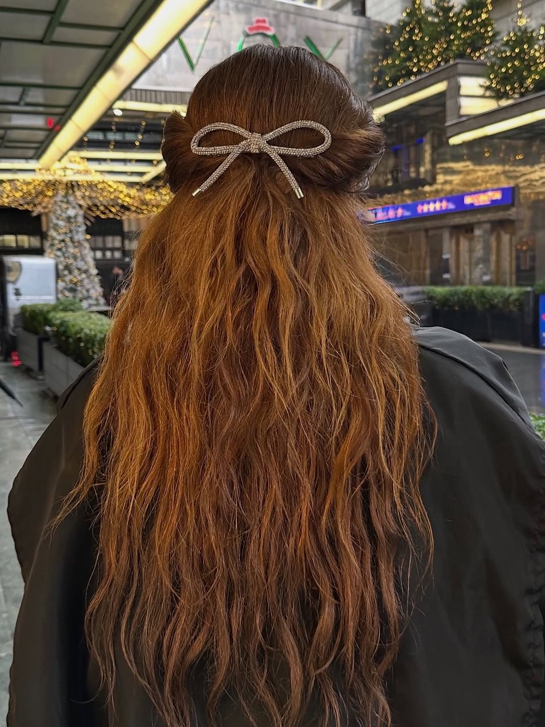 Sparkling Bow Half-Up Twist With Warm Auburn Waves