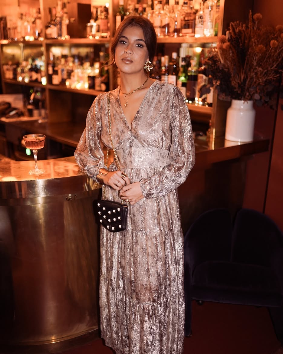 Sparkling Maxi Dress With Pearl Embellished Bag