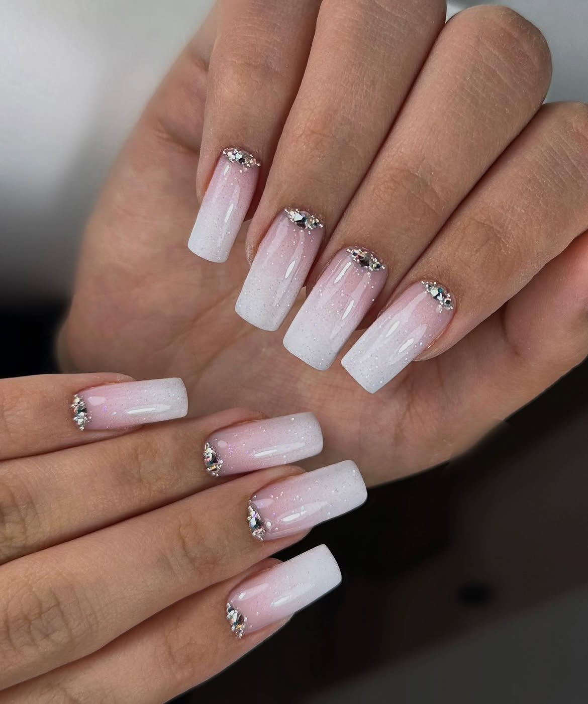 Sparkling Pink and White Ombre French Tip Nails
