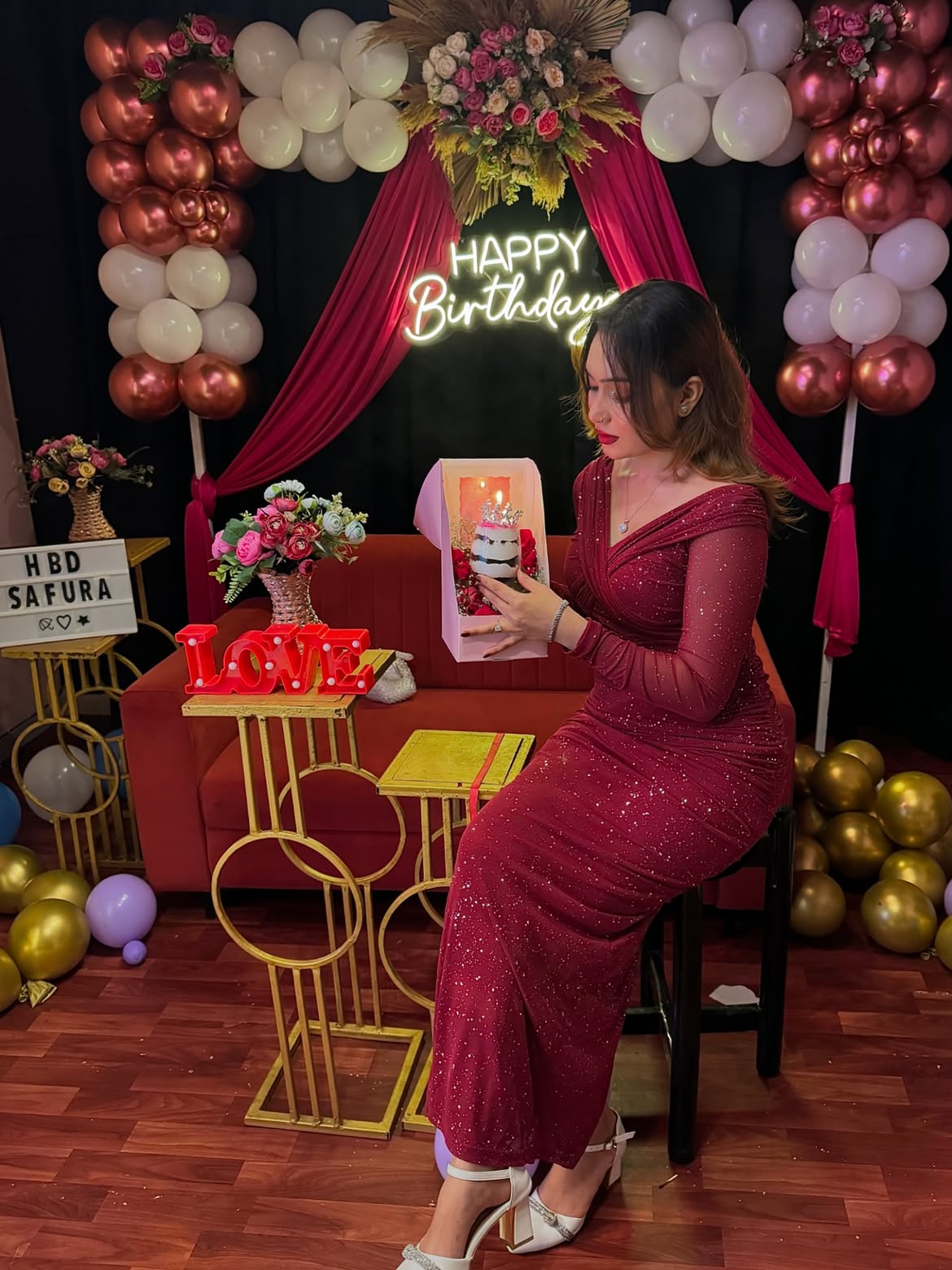 Sparkling Red Long Sleeve Birthday Maxi Dress