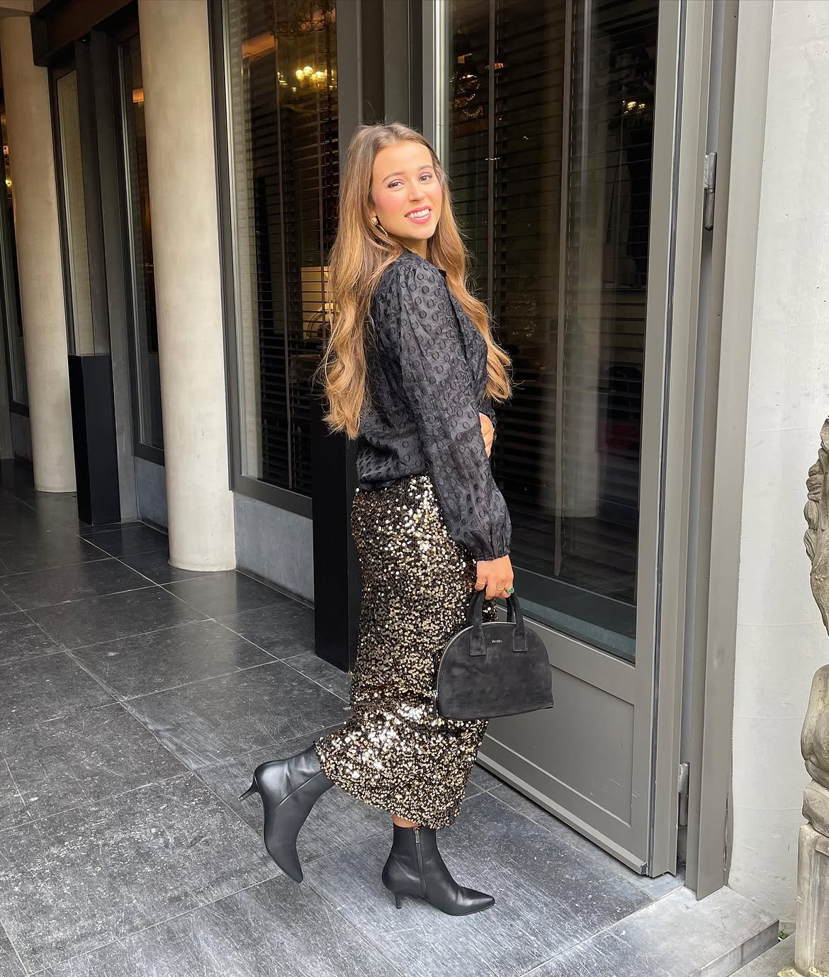 Sparkling Sequin Midi Skirt With Black Blouse
