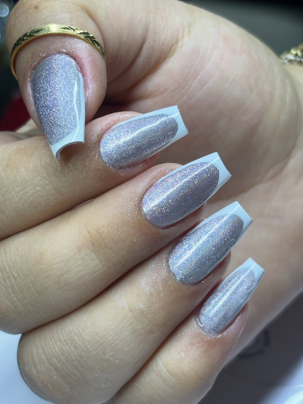 Sparkling Silver French Tip Coffin Nails