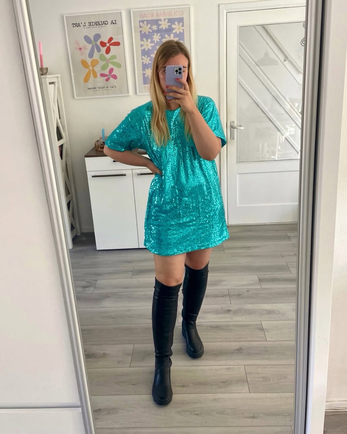 Sparkling Teal Mini Dress With Knee-High Boots
