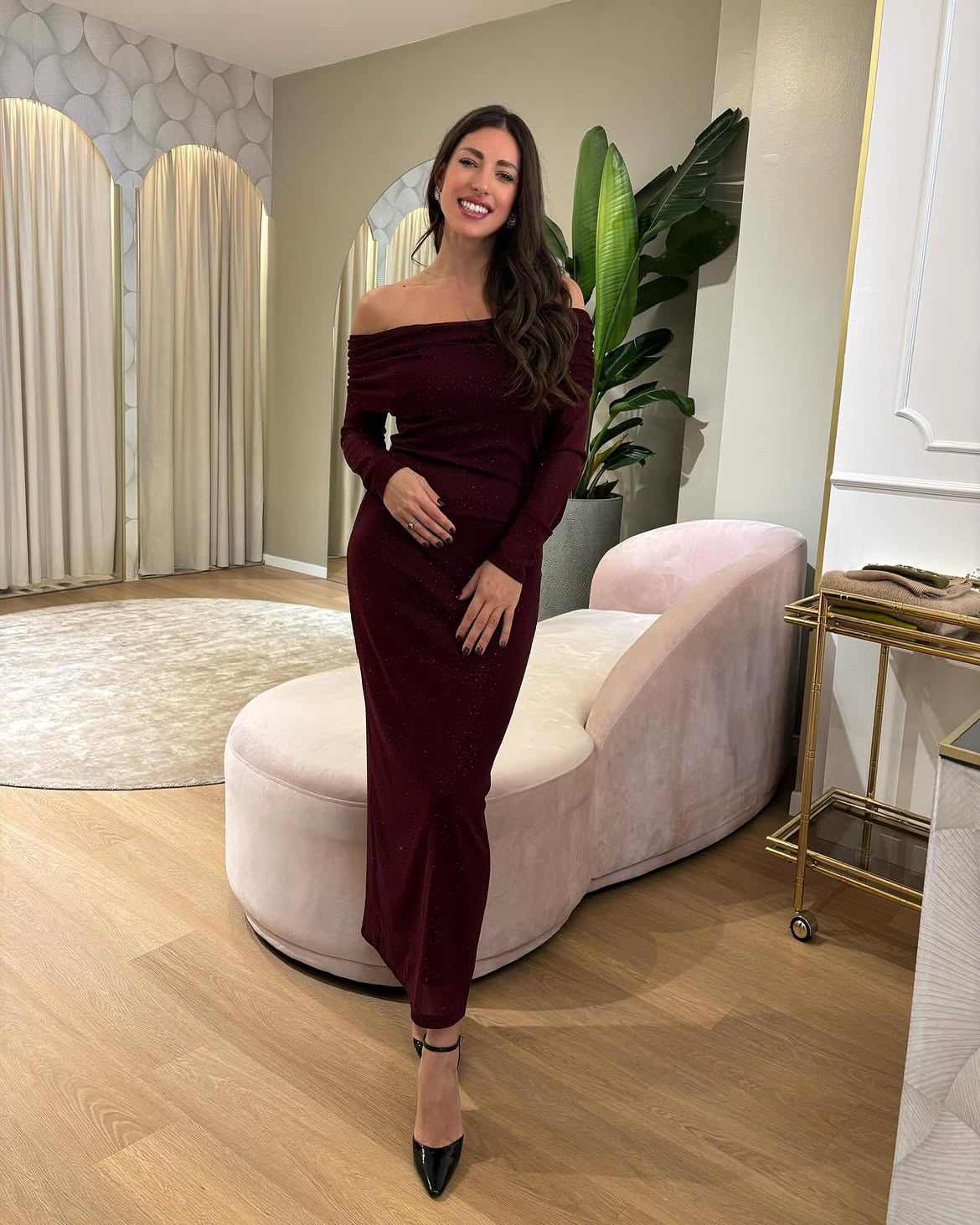 Sparkly Off-Shoulder Maxi Dress Party Look