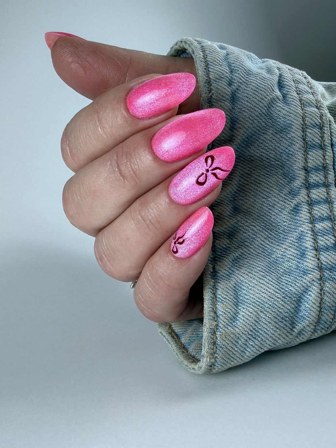 Sparkly Pink Bow Almond Nails