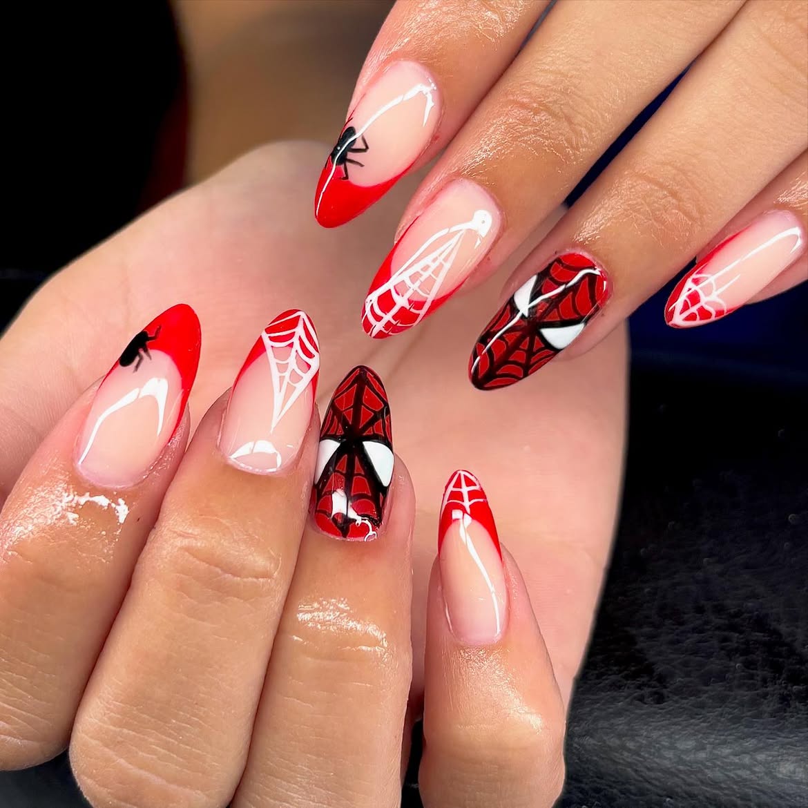 Spiderman French Tip Almond Nails