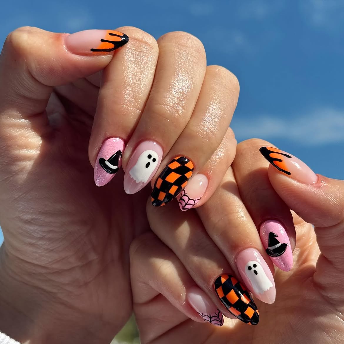 Spooky Cute Halloween Almond Nails With Ghosts and Bats