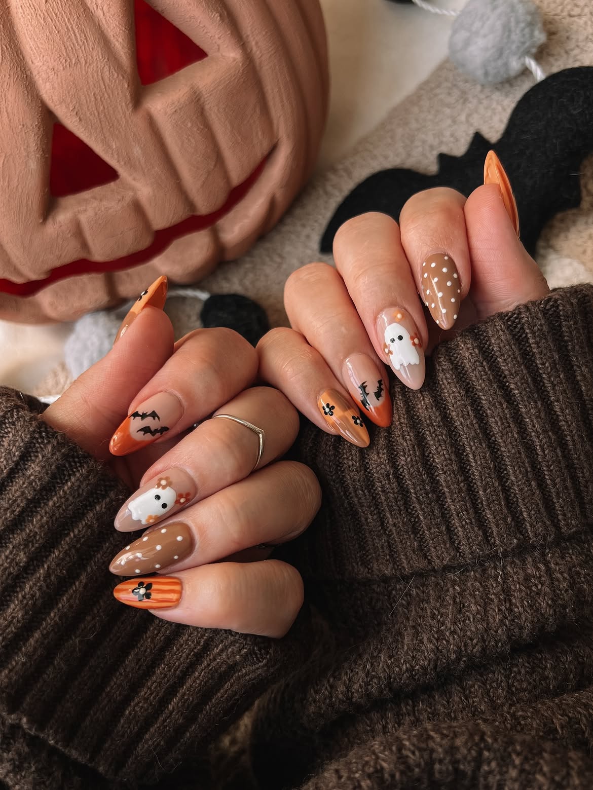Spooky Cute Halloween Ghost and Bat Almond Nails