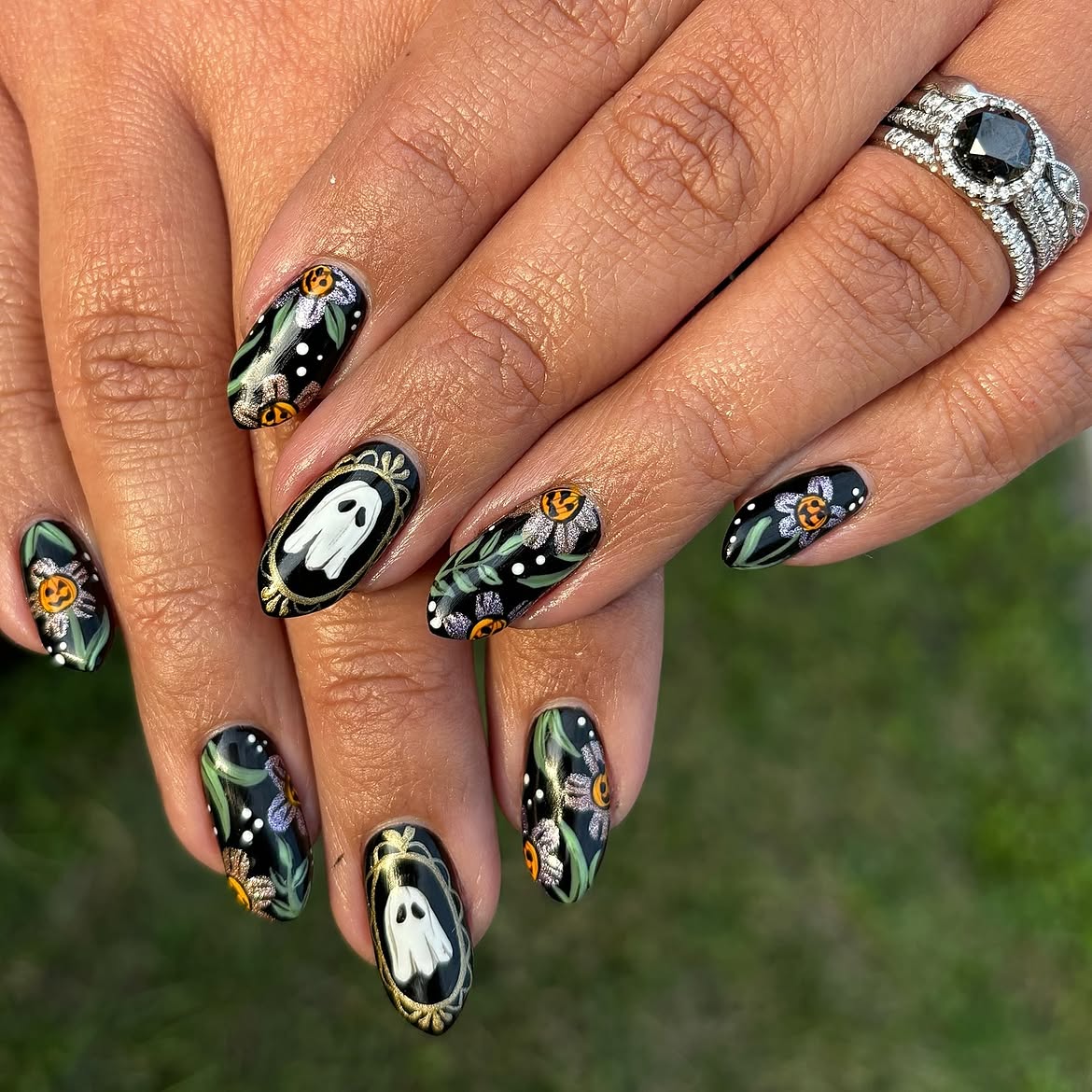 Spooky Ghost and Pumpkin Floral Halloween Nails