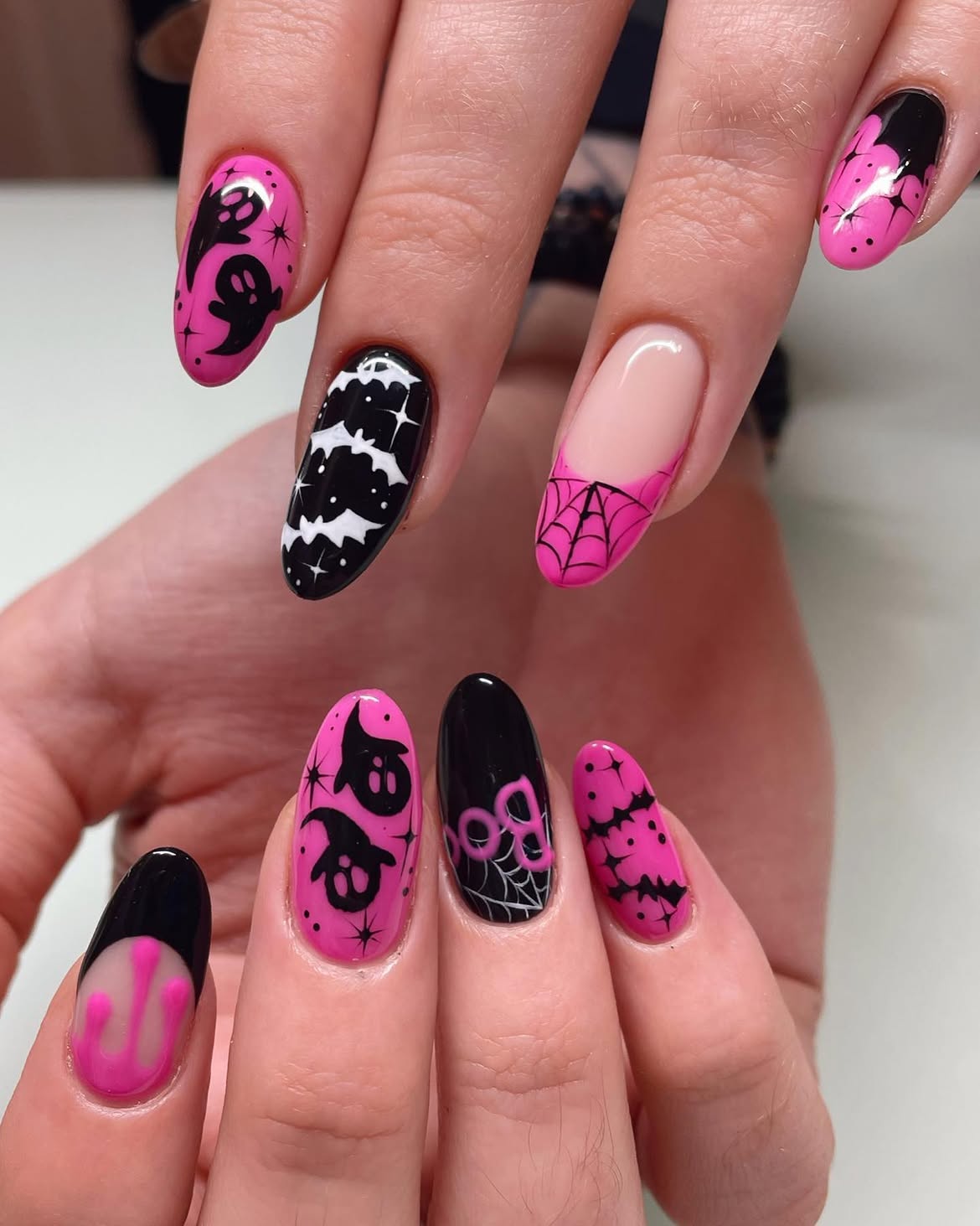 Spooky Hot Pink Halloween Oval Nails