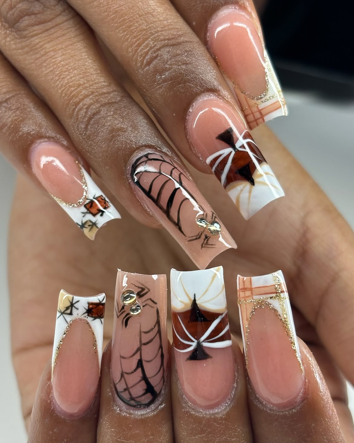 Spooky Spiderweb French Tip Acrylic Nails