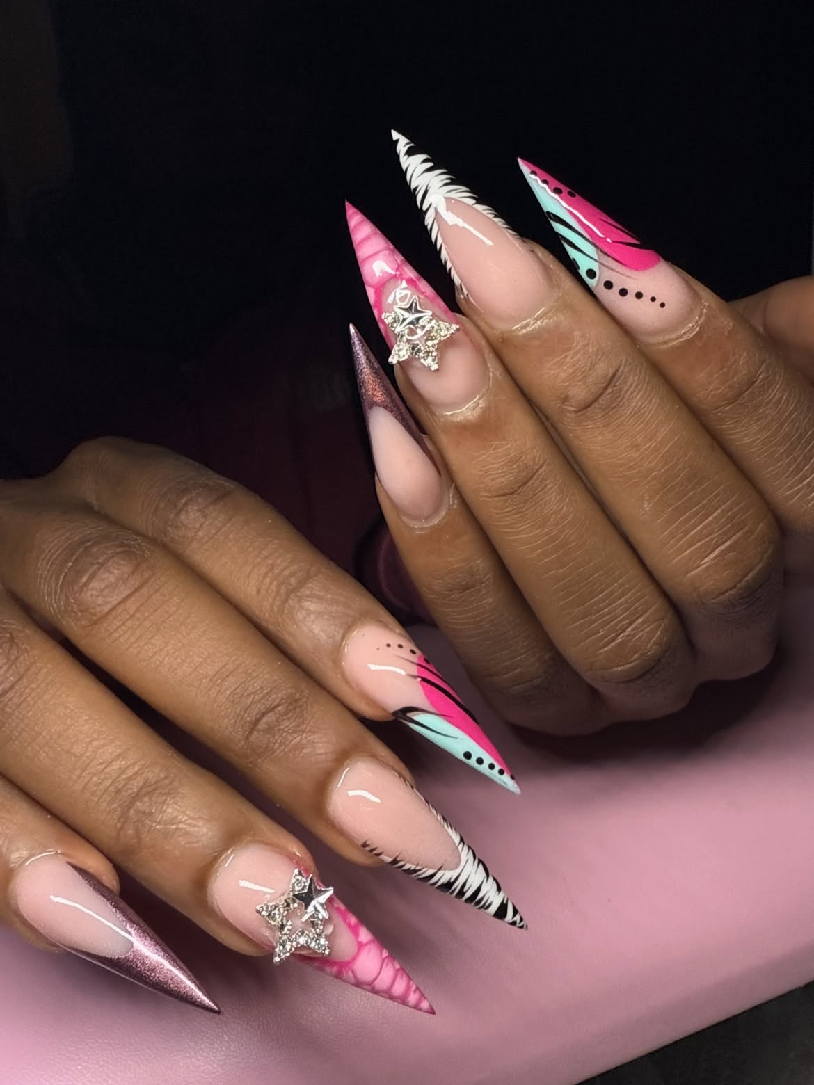 Stiletto Neon Animal Print French Tips with Charms