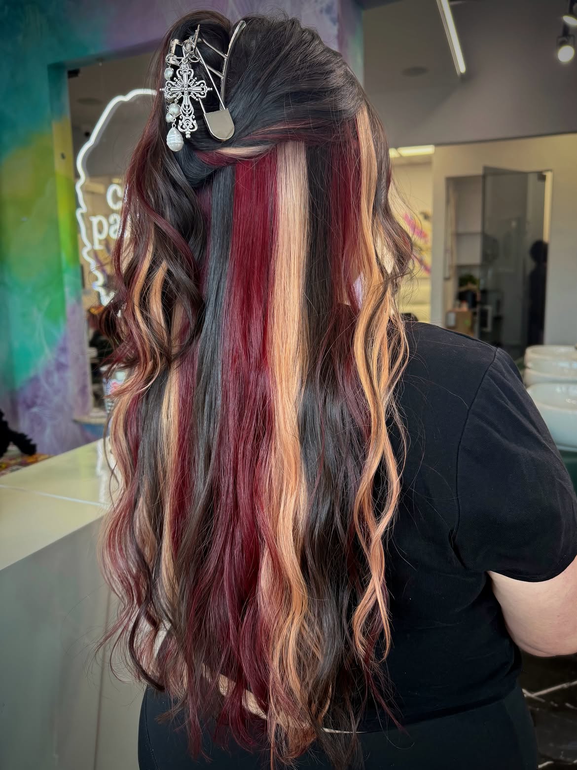 Striking Calico Hair With Chunky Red & Blonde Panels