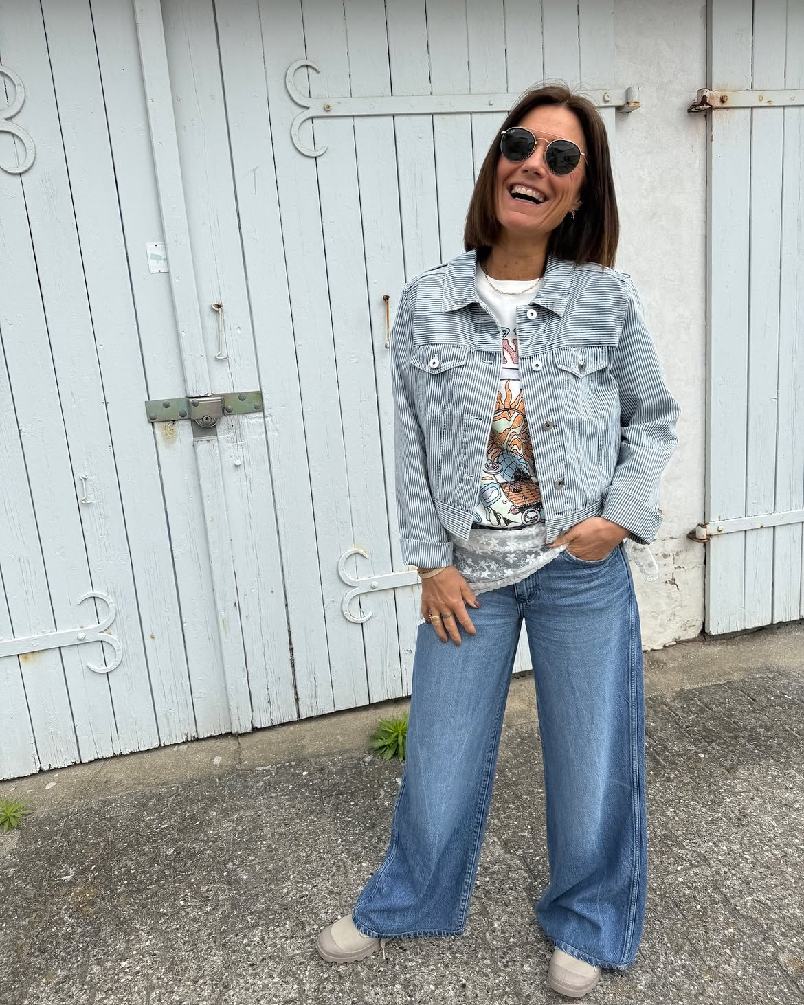 Striped Denim Jacket With Wide Leg Jeans